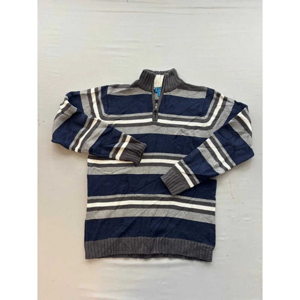 The Childrens Place Boys XL 14 Quarter Zip Striped Sweater Navy Blue Grey White